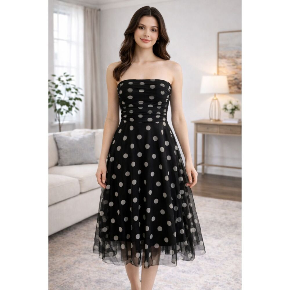BCBGMaxAzria Polka-dot Strapless Occasion Dress Black Ecru 2
